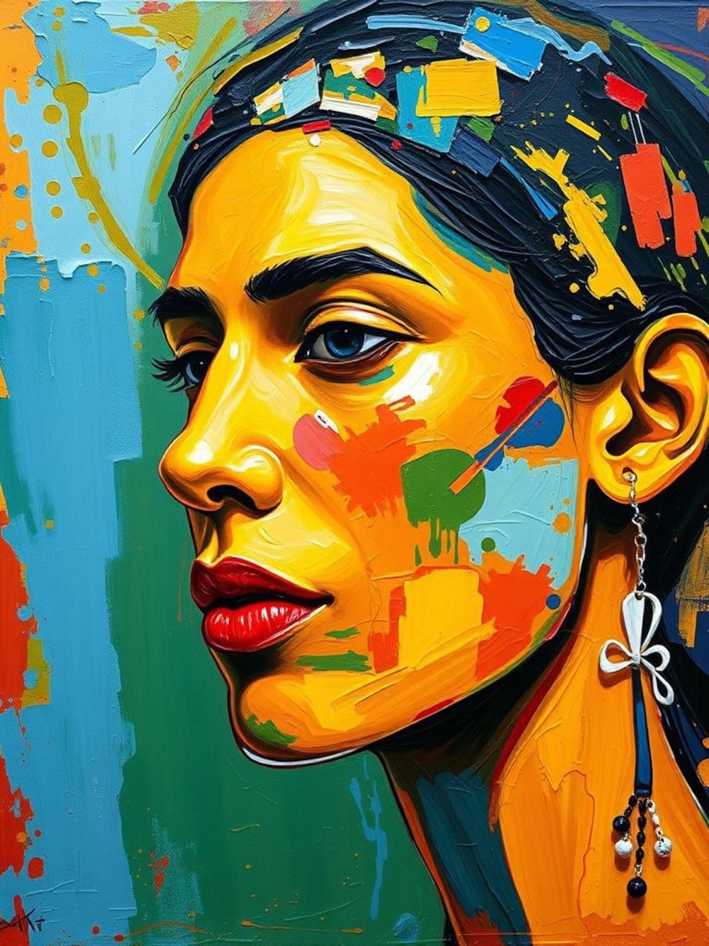 Modern Multicolor Portrait Painting - Bold Yellow & Blue Accent